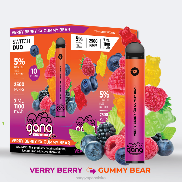 Vape Gang Switch Duo 2 smaki (opakowanie 10 sztuk) bardzo jagodowo - żelkowy miś 2DD248 Best Bang Vape Flavor