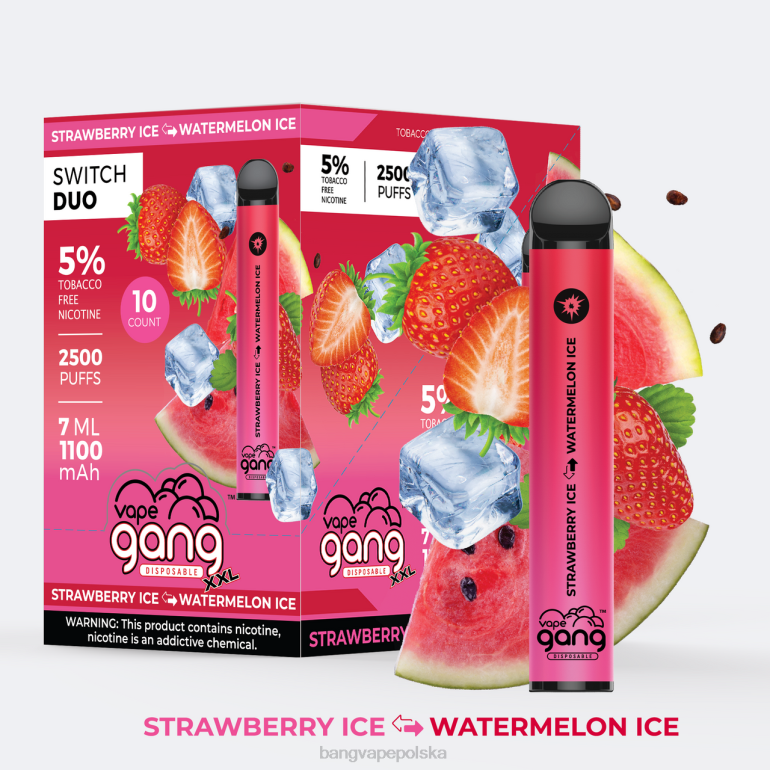 Vape Gang Switch Duo 2 smaki (opakowanie 10 sztuk) lód truskawkowy - lód arbuzowy 2DD247 Bang Vape Disposable