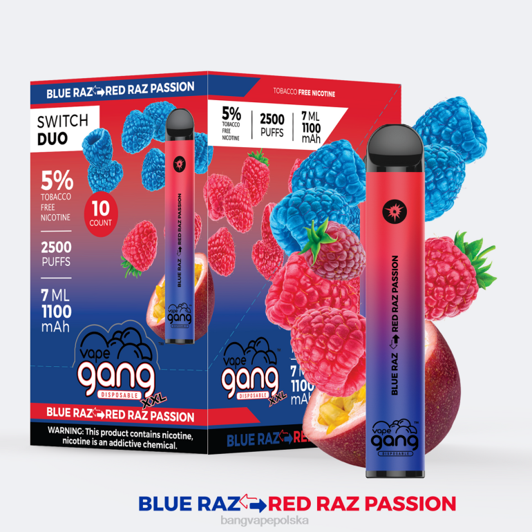 Vape Gang Switch Duo 2 smaki (opakowanie 10 sztuk) niebieski razz - czerwony razz pasja 2DD241 Bang Vape Polska